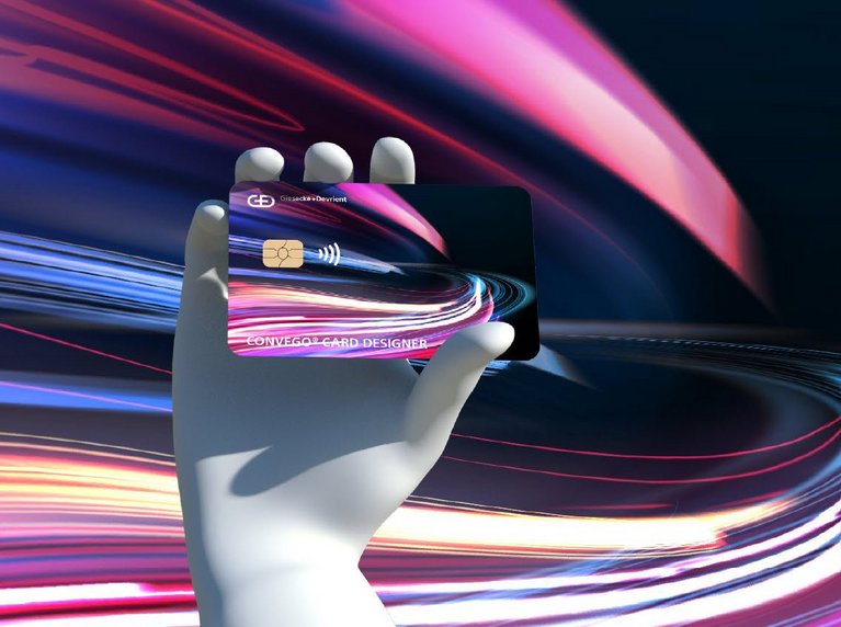 3D-Modell: Eine Hand hält eine Bezahlkarte mit bunten Lichtern, die schnell vorbeiziehen