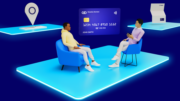 3d model of a pay3d model: two persons sitting together with a payment card in the backgroundment card and two persons sitting together