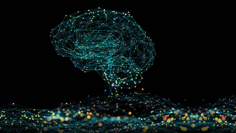 Representation of a brain made of many digital luminous dots
