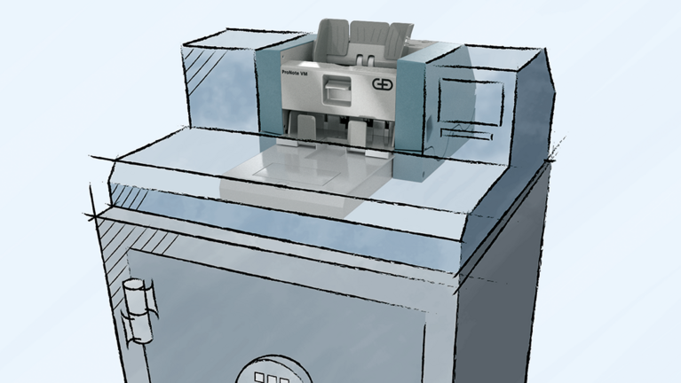 Illustration of ProNote® VM that is flat-mounted on top of the safe of a cash-in system