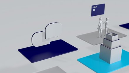 Abstraktes 3D Modell, zwei Personen stehen vor einer Kreditkarte